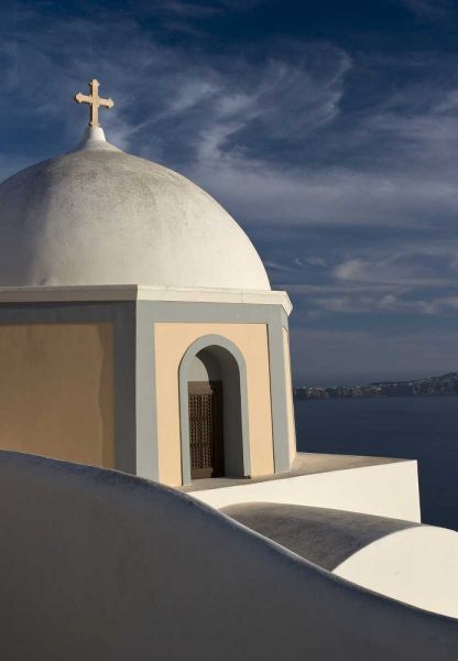 Greece, Santorini Church dome against clouds